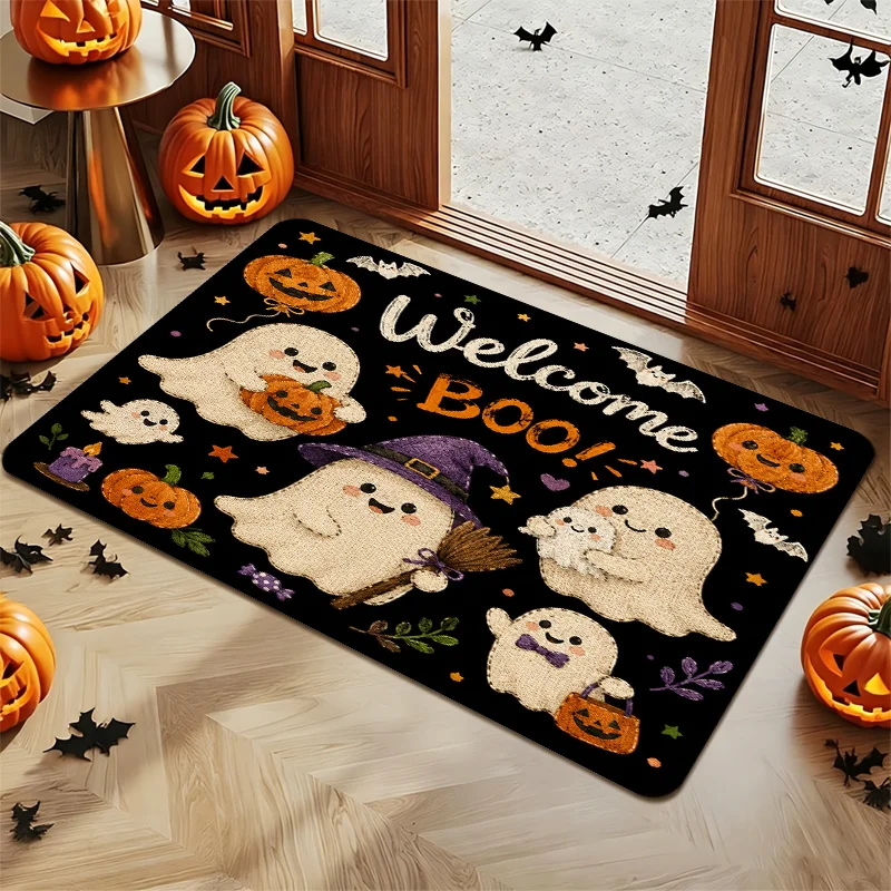 Welcome Boo Halloween Ghost Doormat Pumpkin Bat Witch Broom Print Indoor Entry Welcome Floor Mat Home Festival Decor Rug