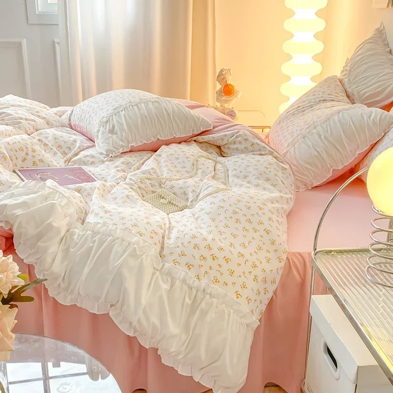 

Ins Style Pink Floral Bedding Set Single Twin Size Pastoral Girls Duvet Cover No Filling Flat Sheet Pillowcases Cute Bed Linens