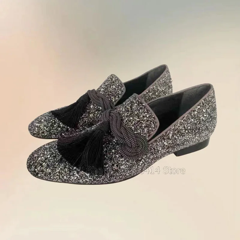 

Silver Sequins Black Tassels Kniited Rope Decor Loafers Fashion Slip On Men Shoes Luxury Handmade Party Banquet Men Casual Shoes