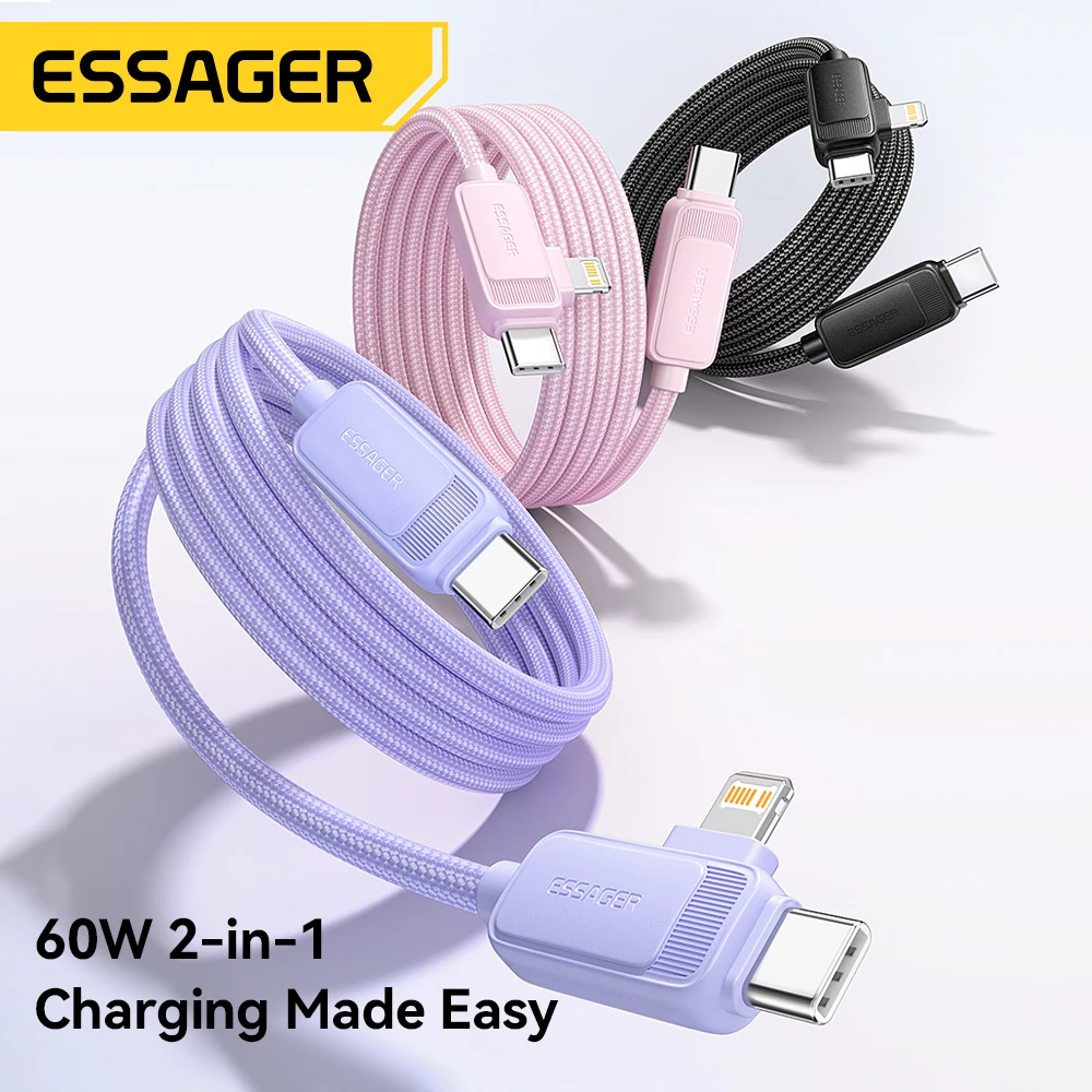 Essager 60W USB C Cable 2 in 1 Type C to Type C and Lighting For Samsung Xiaomi IPhone 17 16 Pro Max 3A Fast Charging Data Cable