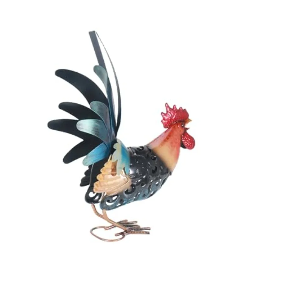 

16.5" Metal Rooster Garden Statue Handmade Morning Crowing Rooster Sculpture with Green Tail Feathers Rust-Resistant Iron Art f