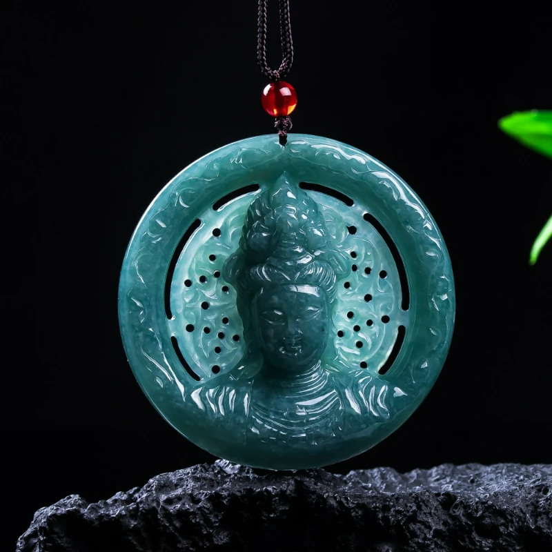 

Natural A-grade Jadeite Blue Water Jade Guanyin Hollow Pendant Necklace Exquisite Jade Jewelry Send Men's Amulet Gift