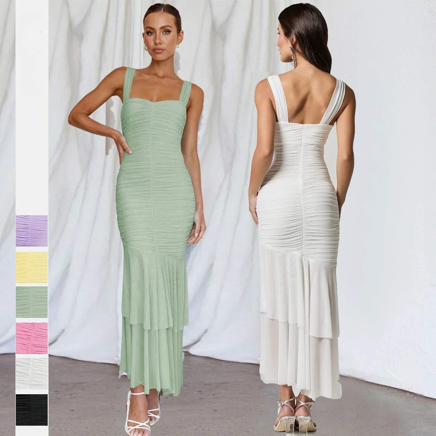 2025 verão moda emenda feminino cinta vestido dupla camada malha simples cor sólida feminino apertado vestidos de banquete