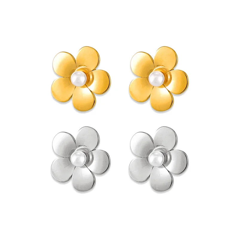 New elegant floral earrings luxuriously gilded with pearl-encrusted titanium steel jewelry