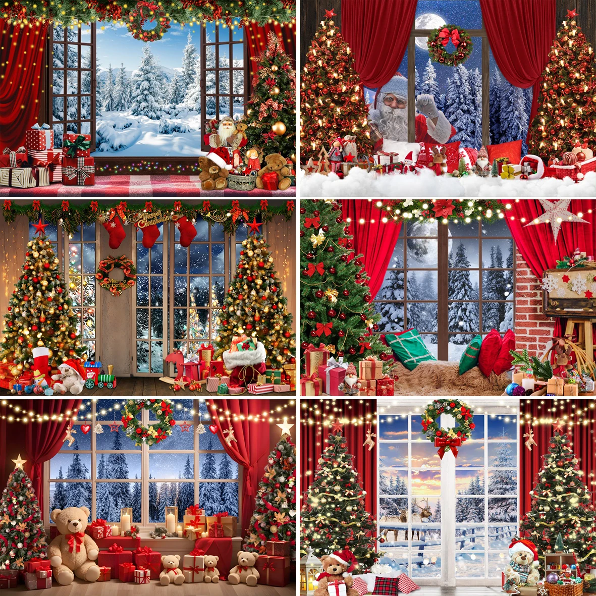 Christmas Background Floor-to-ceiling Window Snow Forest Scenery Xmas Tree Wall Decor Family Party Portrait Photography Backdrop