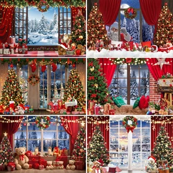 Christmas Background Floor-to-ceiling Window Snow Forest Scenery Xmas Tree Wall Decor Family Party Portrait Photography Backdrop