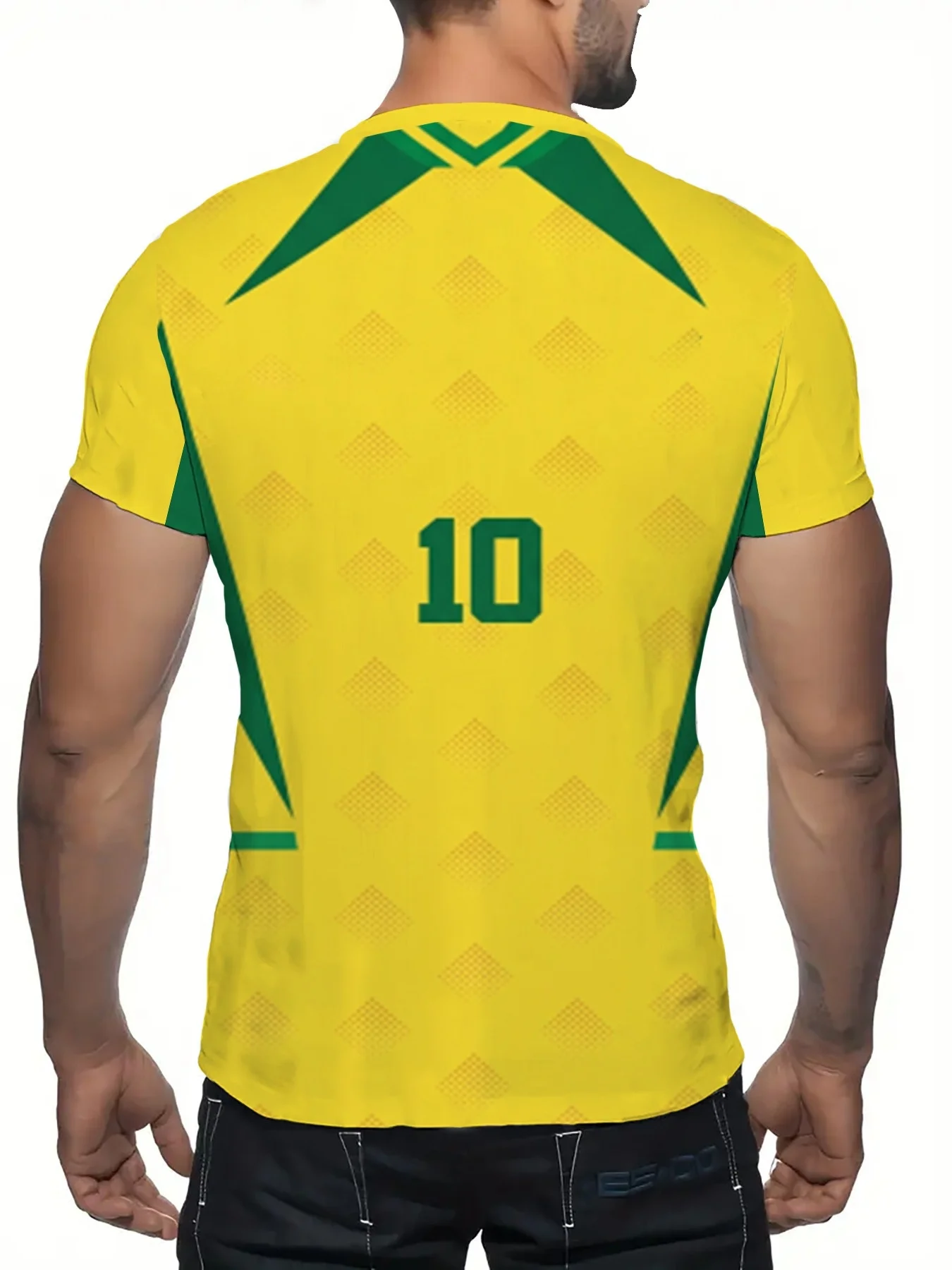 Men Brazil Football Themed T‑Shirt Yellow Green Geometric Panel Number 10 Badge Print Soccer Fan Short Sleeve Top