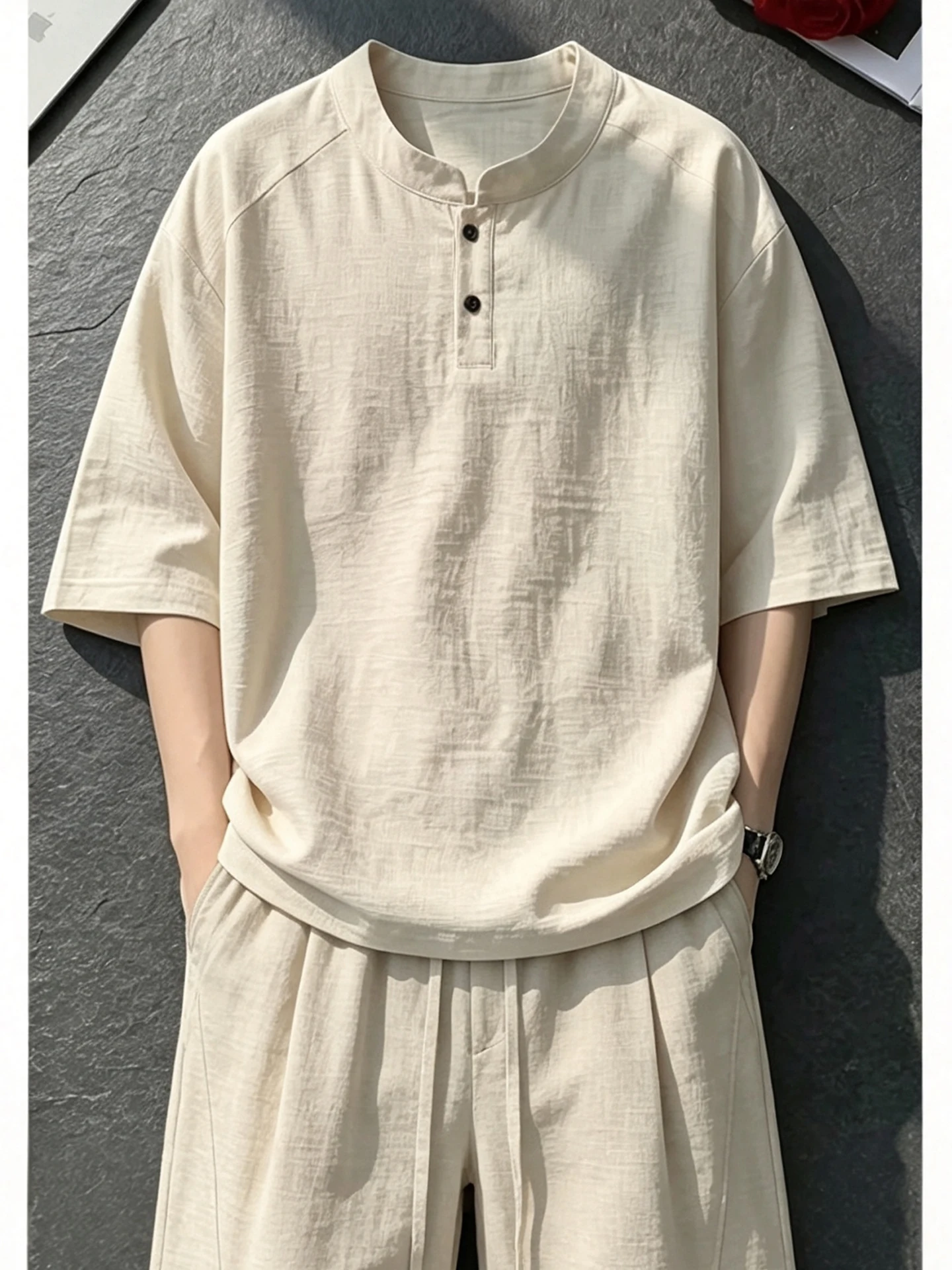 軽量リネンシルク半袖シャツとショートパンツのセット-メンズ-夏-カジュアル-スポーツウェア-ルーズフィット-ヘンリーカラー-アンサンブル
