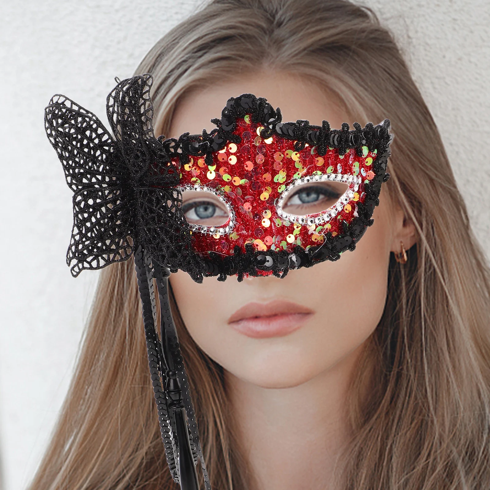 

Shiny Sequin Butterfly Masquerade Stick Tassel Red Halloween Carnival Party Costume Accessory Handheld Lightweight Reusable
