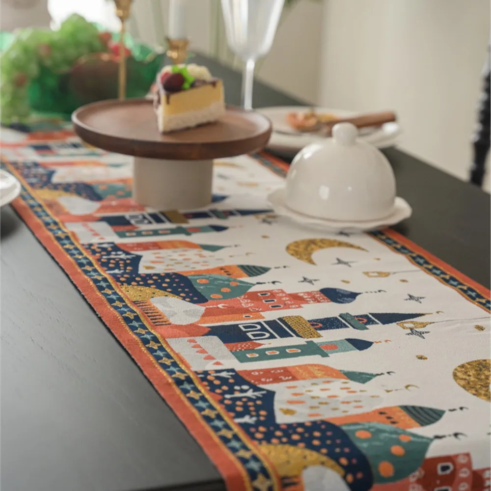 2026 عيد الفطر غزل مصبوغ الجاكار الجدول عداء البوليستر أضواء النجوم/الجمل/نمط القلعة شرابة تقليم السرير عداء/مفرش المائدة