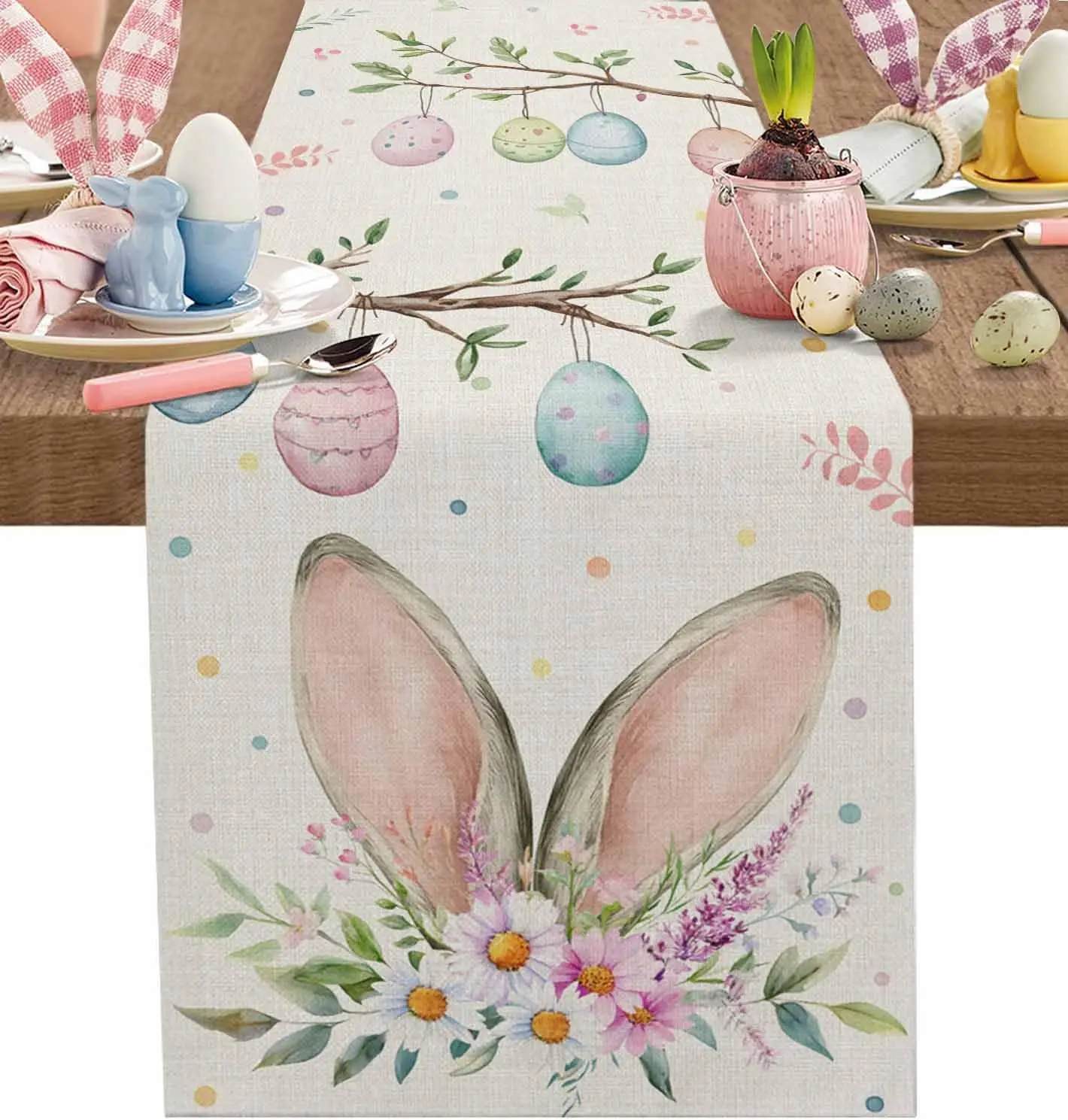 Easter Bunny Ears Eggs Linen Table Runner for Easter Decoration Spring Flowers Botanical Table Runners Dresser Scarf Table Decor