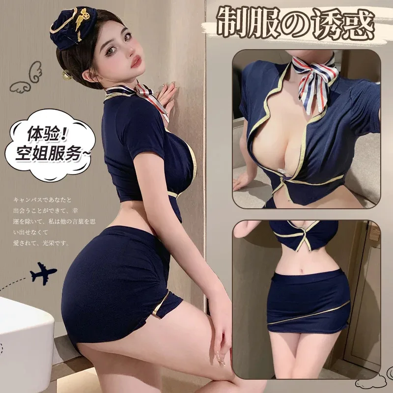 2025 nuevo Sexy aerolínea azafata oficina secretaria Cosplay disfraces lencería uniforme pecho abierto Top con minifalda caliente policía Te