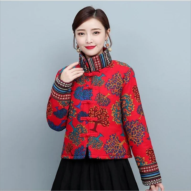 Women Tang Suit Padded Jacket Print Stand Collar Chinese Style Vintage Autumn Winter Female Tradition National Style Short Coat