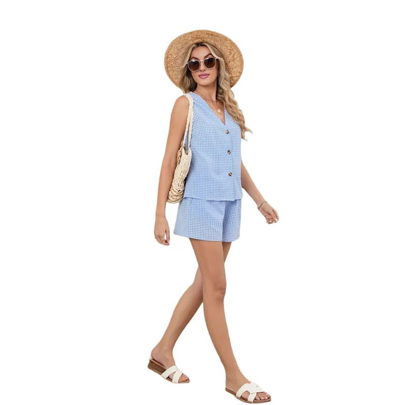 

Women's Summer Two Piece Sets Vacation Outfits Matching Short Sets Linen Gingham Vest And Shorts
