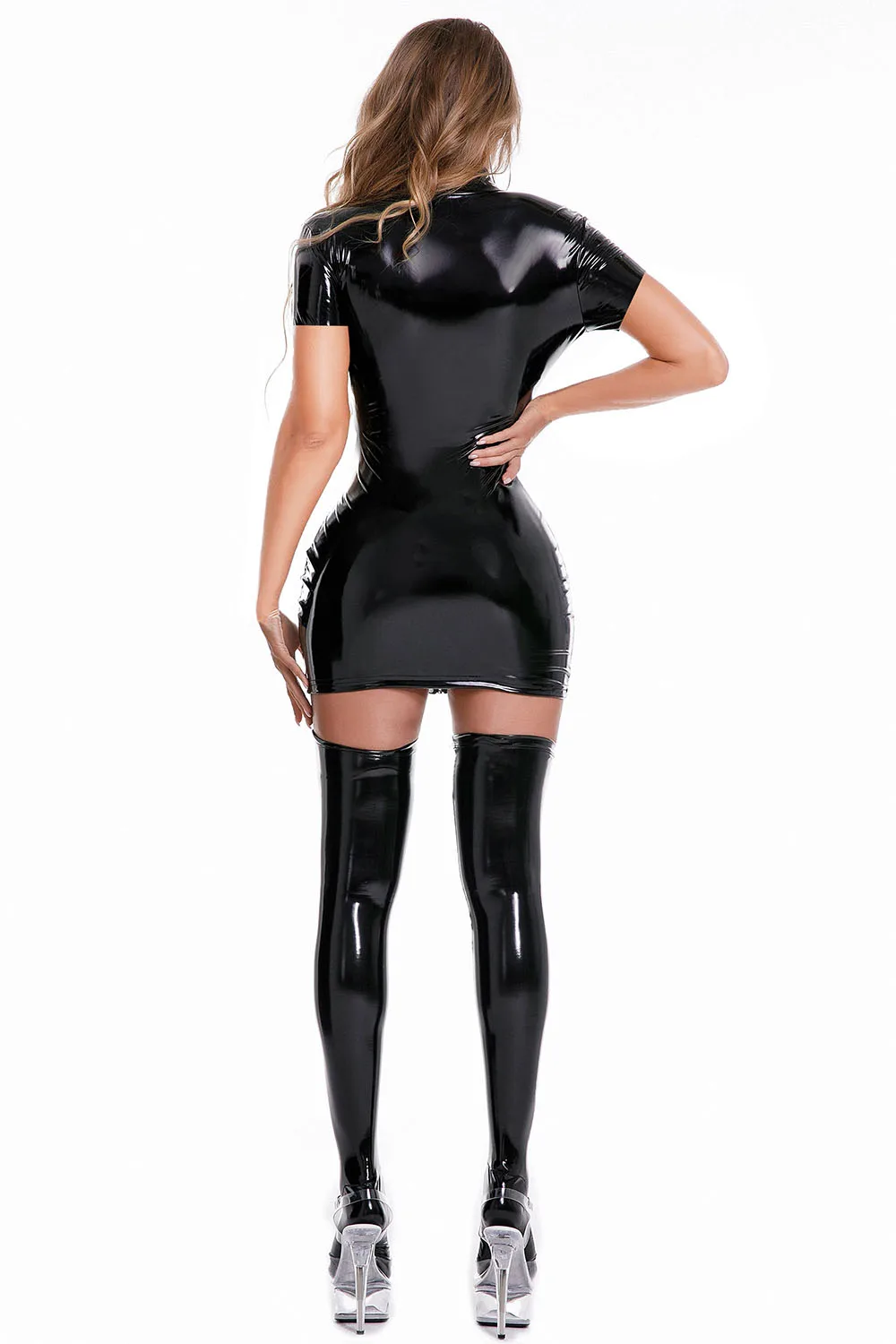 Women Wetlook Leather Sheath Dress Female Porn Opening Crotch Short Sleeves Bag Hip Skirt Glossy Shaping Latex Waist Mini Skirt