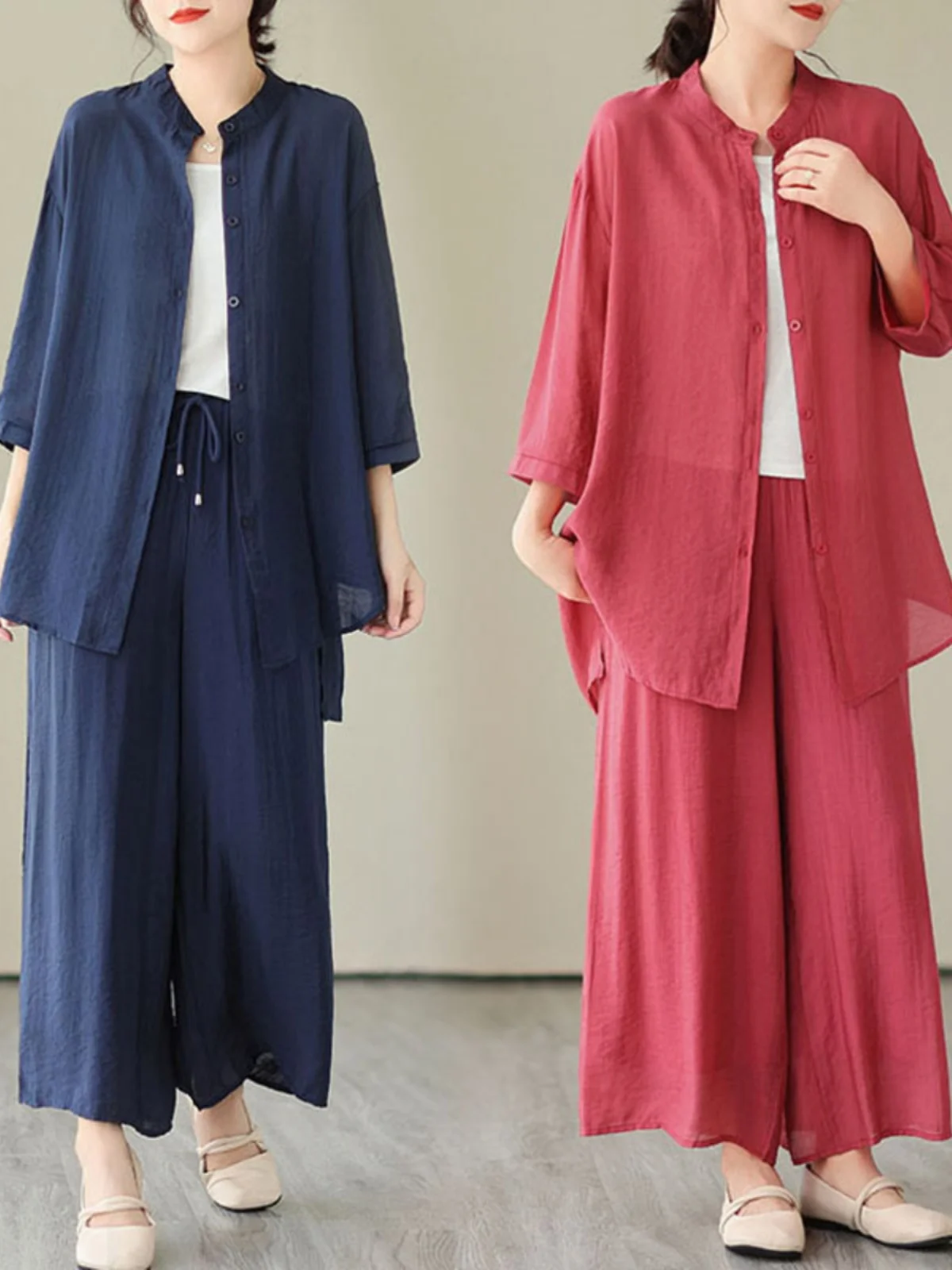 

Новый летний комплект из тонкого льна, повседневный свободный утягивающий открытый кардиган, пальто, универсальные повседневные брюки, комплект из двух предметов, моющийся