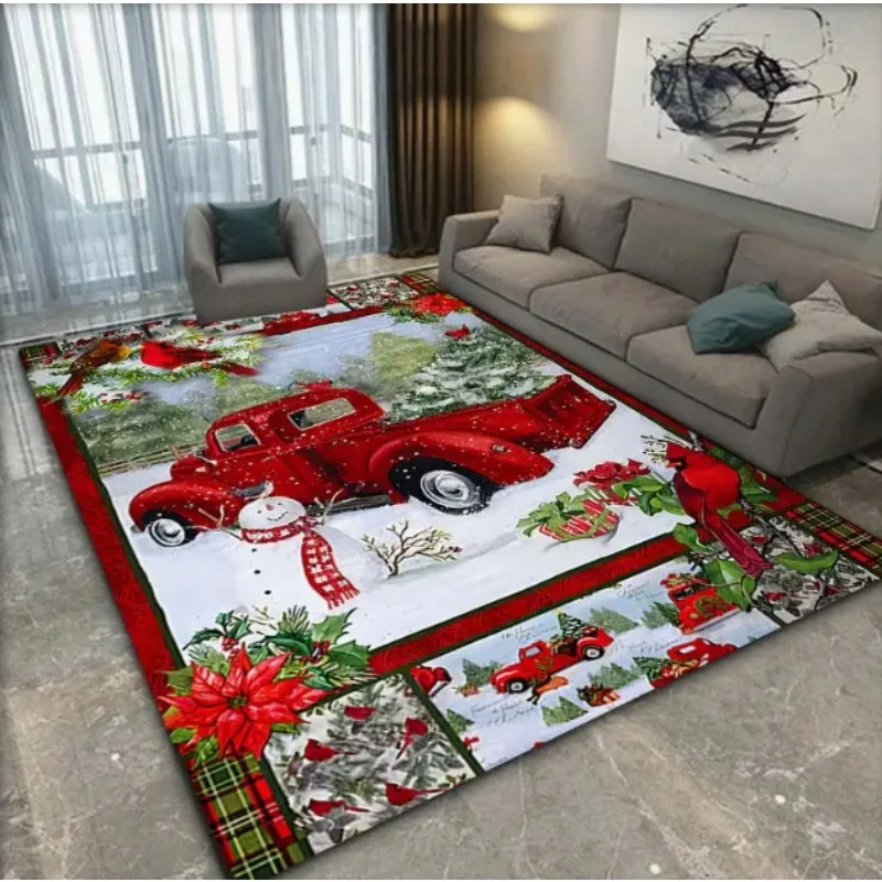 Tapis de sol de Noël rouge avec motif de camion et sapin de Noël, grand format, pour terrasse et décoration intérieure