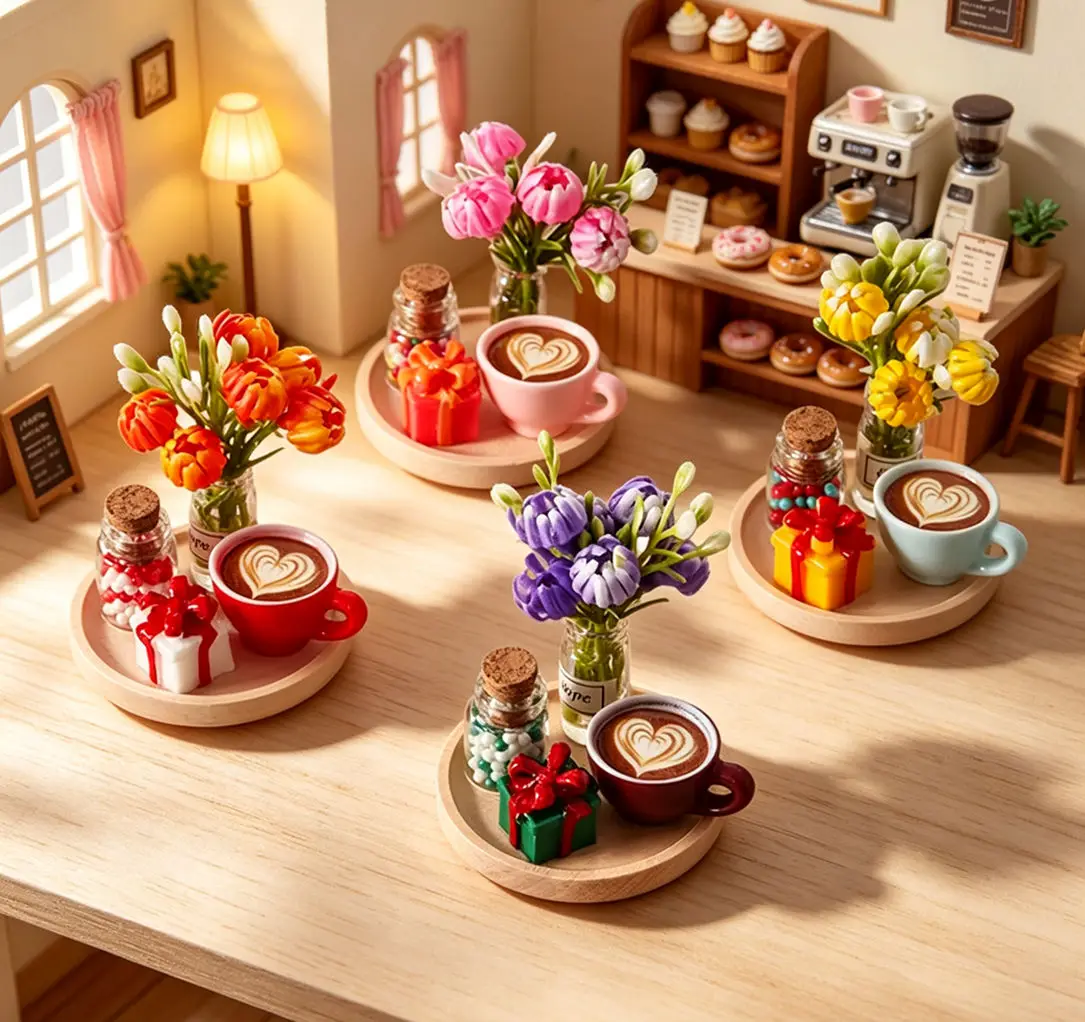 Dollhouse Mini Coffee Cup Flower Gift Tray Set Simulation Food Play Ornament Miniature Scene Accessory Pretend Play Decor Prop