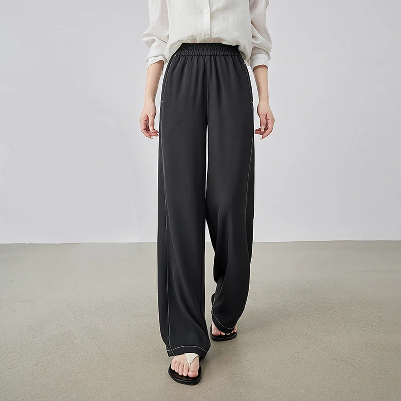 TOYOUTH Women Casual Pants 2025 Summer New Spliced Elastic Waistband Straight Wide Leg Sports Casual Pants 8527083