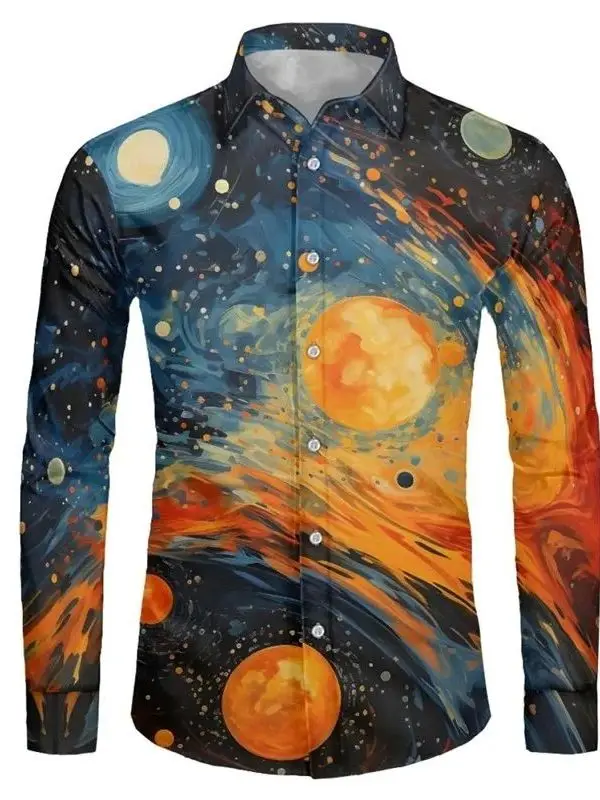 

3D Printed Lapel Long Sve irt Men's Collar Printed Casual Upperwear Summer Season Regular Fit Button Closure