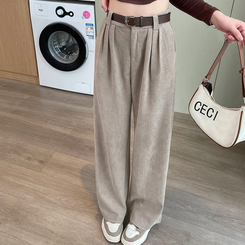 Vintage High Waist Corduroy Pants Women Autumn Winter Straight Causal Full Length Trousers Korean Fashion All Match Black Pants