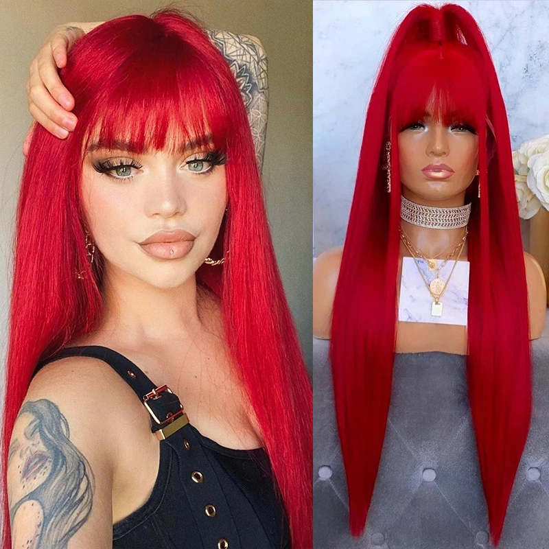 Wig panjang lurus halus warna merah, dengan poni campuran rambut manusia Wig renda sintetis tahan panas penggunaan pesta Cosplay sehari-hari