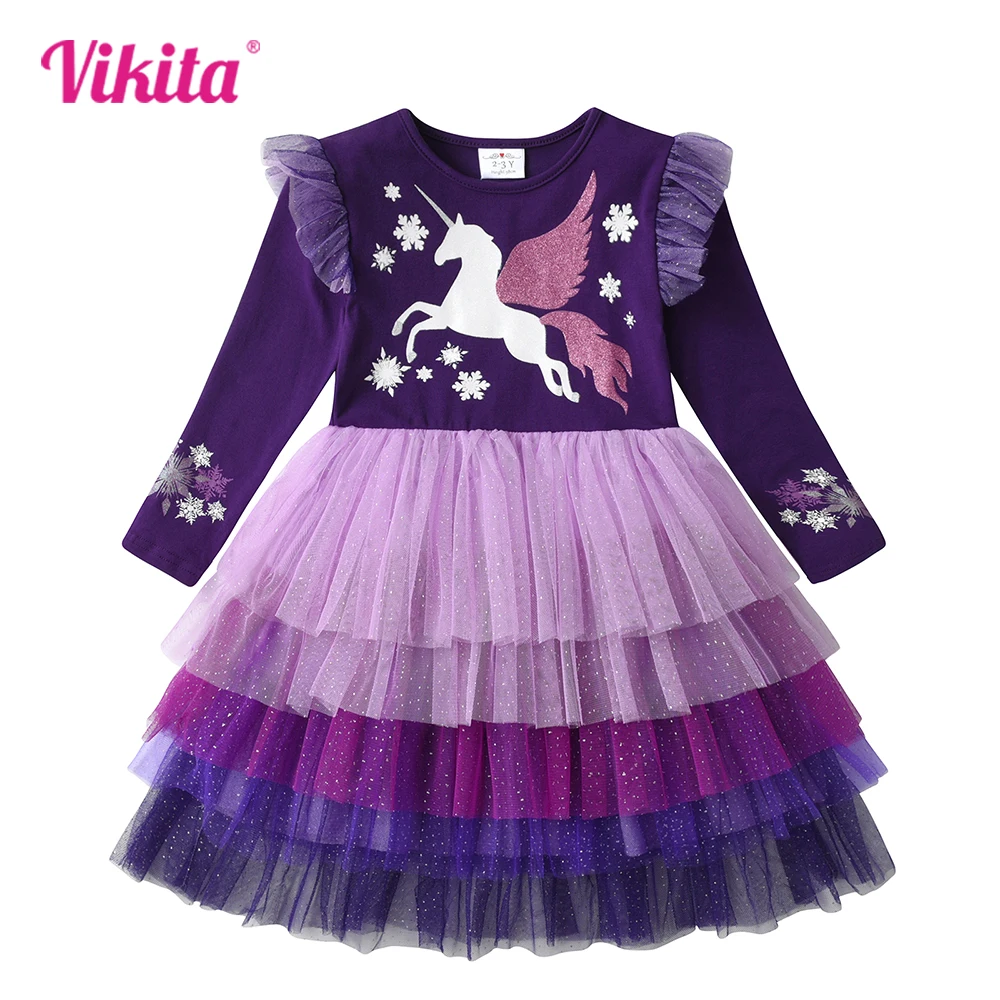 VIKITA Girls Princess Dress Kids Unicorn Snowflakes Print Dress Kids Colorful Layered Birthday Party Performance Vestidos 3-12Y