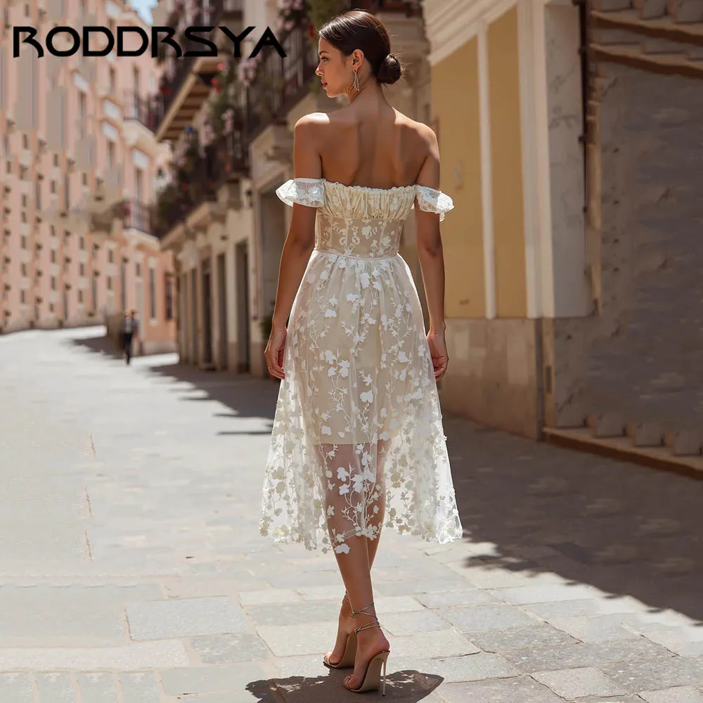 RODDRSYA Off Shoulder Floral Lace Wedding Dresses Ivory A-Line Midi Occasions Gowns Modern Backless vestidos de novia Customized