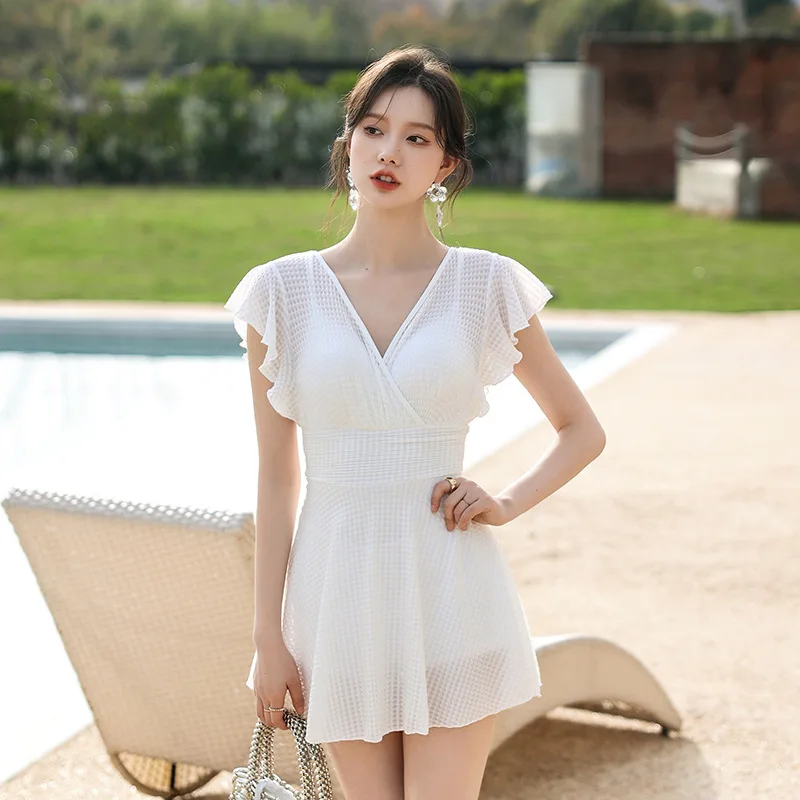 Women's One-piece Swimsuit Dress V-neck Short-sleeved Waisted Backless Bathing Suit Summer Cool Beach Wear Monokini Swimwear