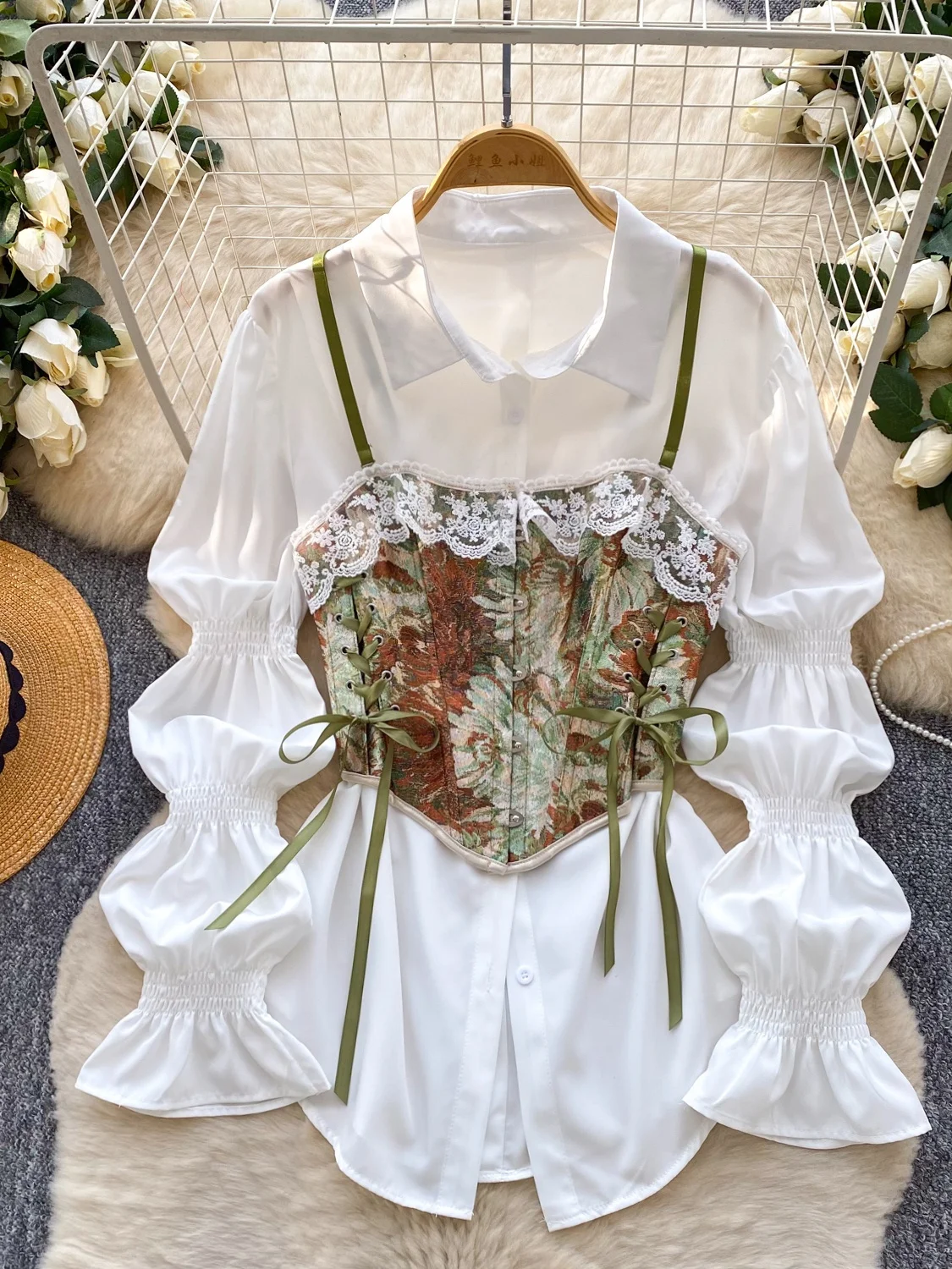 Retro Patterned Belted Vest Shirt Two-Piece Set Women's Autumn Outfit Commute Style High Waist Universal Fit Long Sleeve