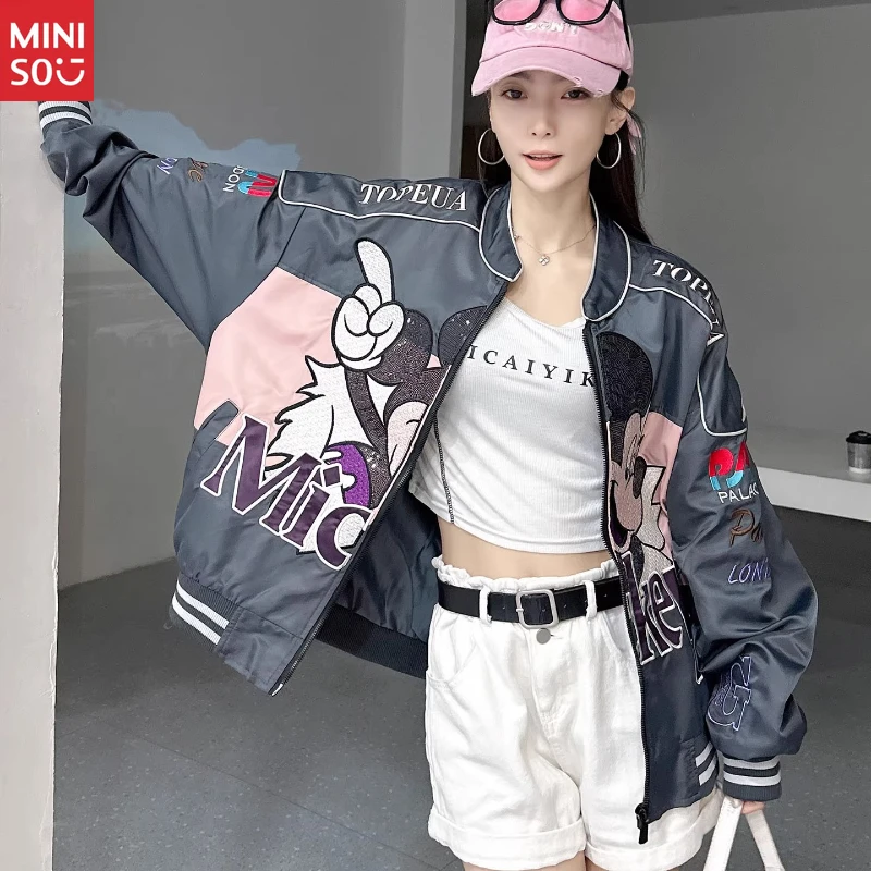 

Disney Trendy Baseball Jacket for Women Autumn 2025 New Heavy-Duty Embroidery American Style Loose Cute Cartoon Top