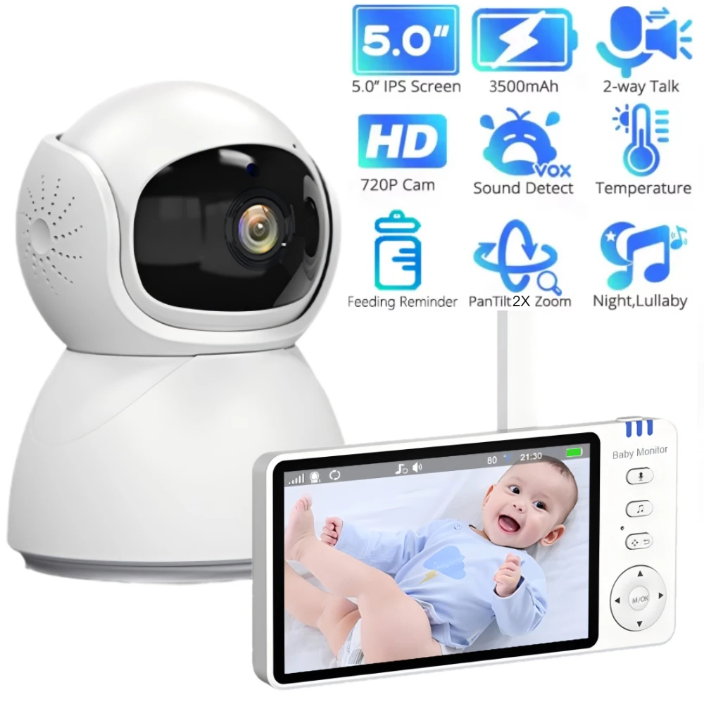 

5-дюймовая видеоняня с 2-кратным зумом PTZ-камера, беспроводная няня, температура, колыбельная, электронная няня, охранная детская камера