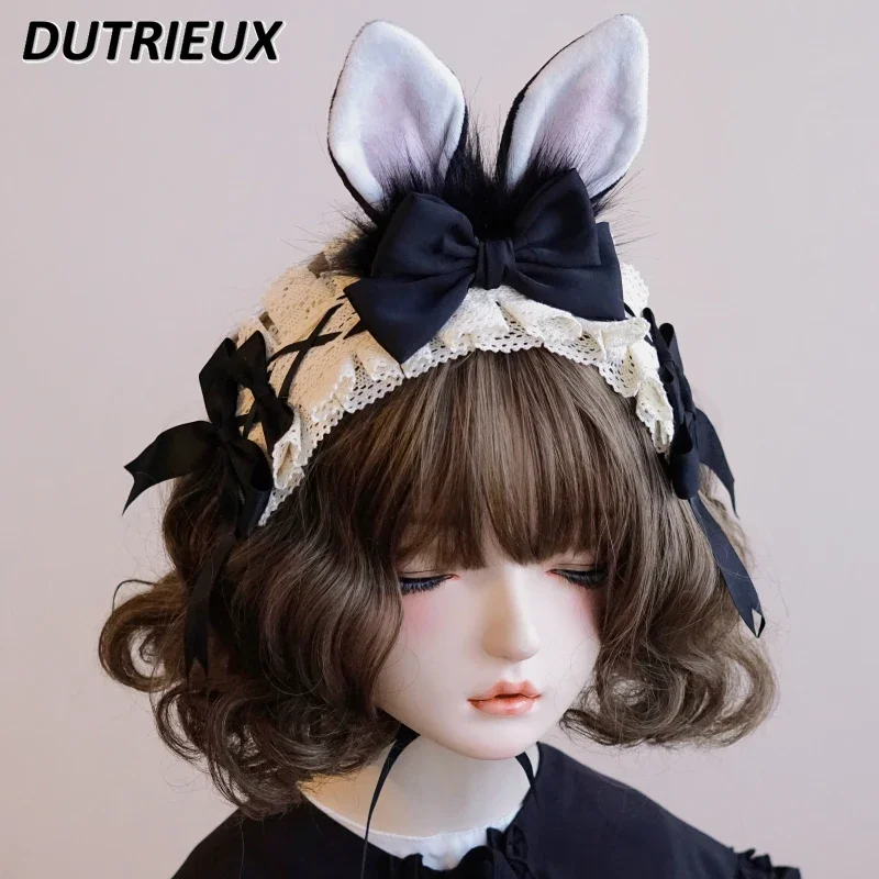 

Japanese Handmade Black White Bow Cat Ear Hair Band Female Lolita KC Soft Girl Halloween Hair Bows Hair Clips for Women Hairpin