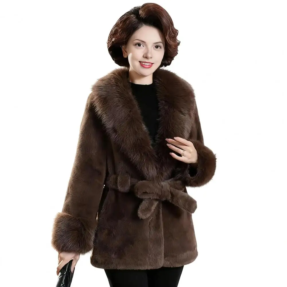 

Women's Furry Coat with Faux Fur Collar And Cuff Winter Warm Belted Fuzzy Jacket Long Sleeve Open Front Fluffy Outerwear 재켓