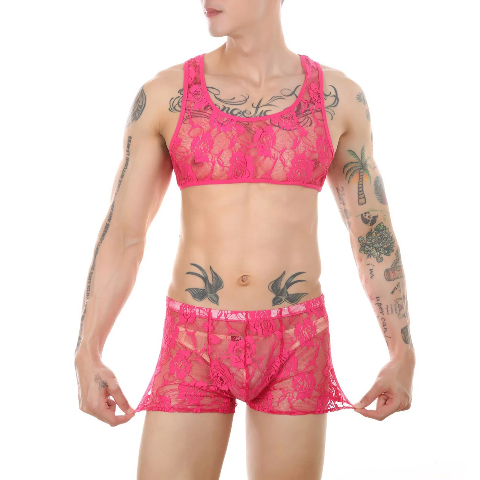 

Men See Through Sleeveless Shirts Tank Top Shirt Singlet Lingerie Vest Lace Small Tank Top Shorts Male Exotic Sissy Sets