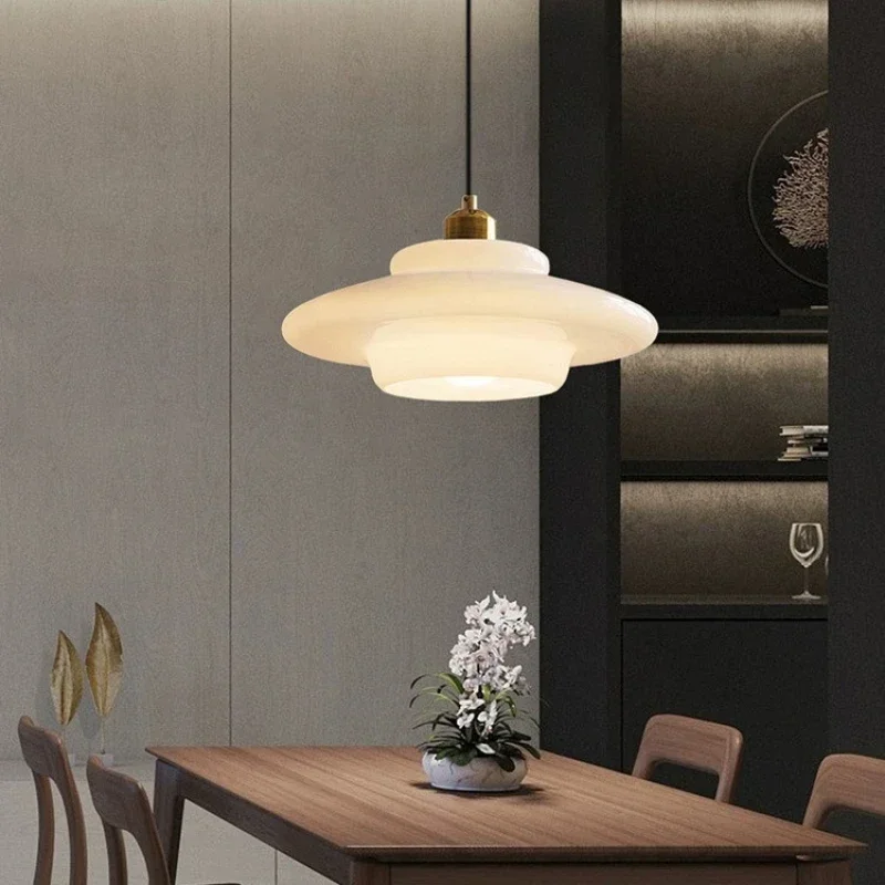 

Nordic Cream Wind Milk Glass Art Decorative Pendant Lights LED E27 Modern Light Fixtures Kitchen Island Dining Room Bedside