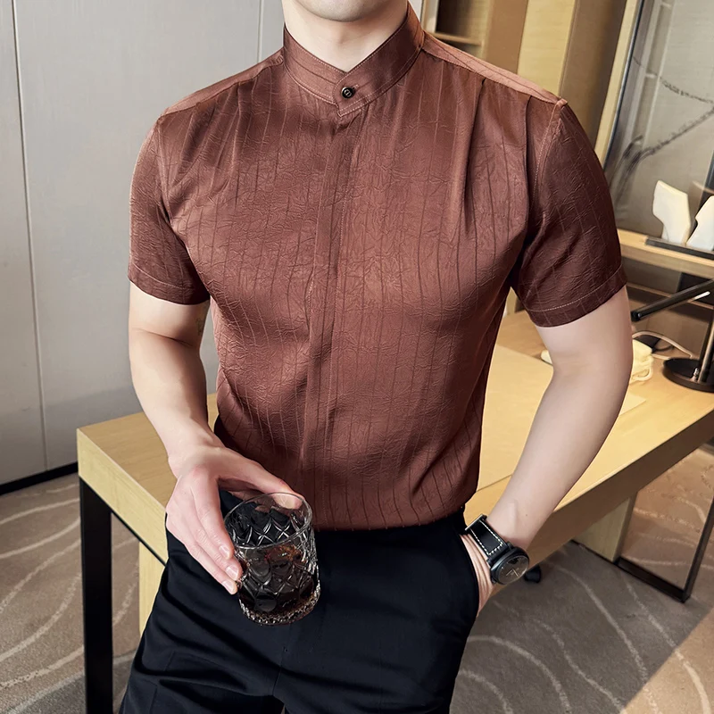 Chinese Style Stand Up Collar Shirt Men's Short Sleeved Thin Handsome Casual Shirt Business Social Striped Shirt Men Clothing