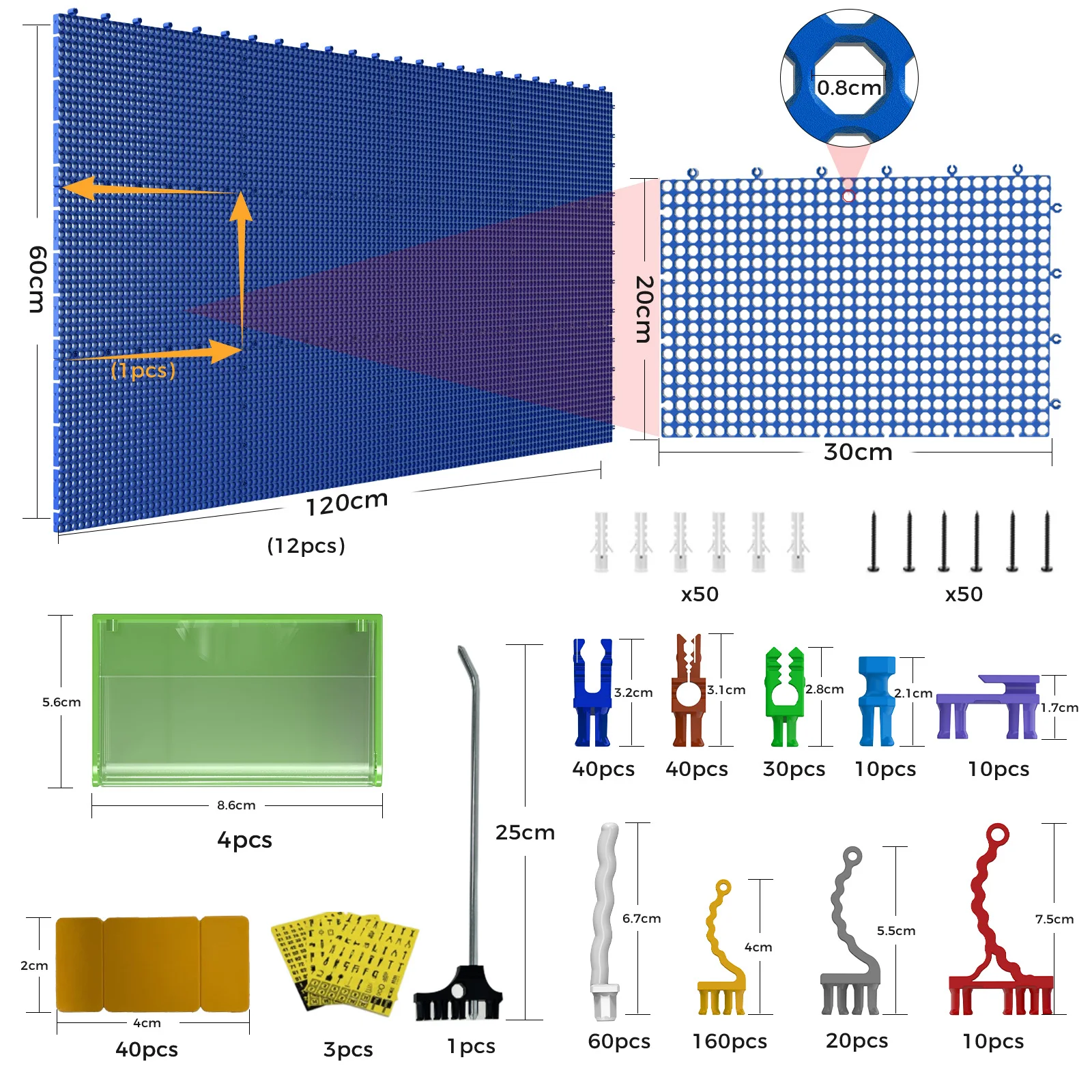 12개 블루 플라스틱 페그보드 세트 428개 액세서리, 녹 방지, 처짐 방지, 차고 페그보드 벽 페그보드 정리함