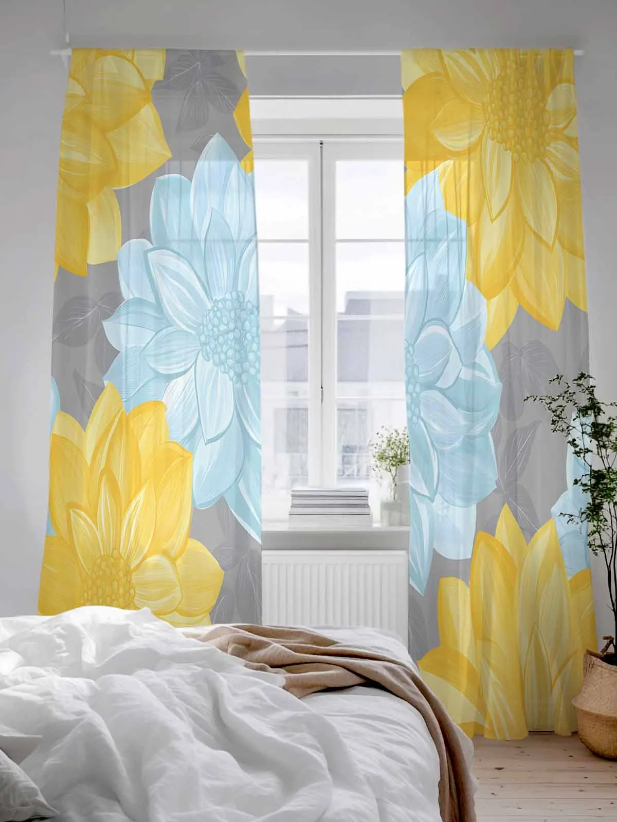 

Vintage Yellow Grey Flower Tulle Sheer Curtains for Living Room Bedroom Kitchen Decoration Voile Organza Curtains