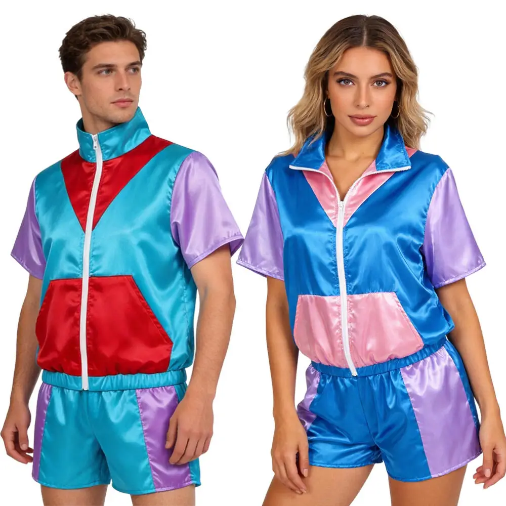 Retro 80s 90s Tracksuit Set Unisex Color Block Satin Zip Up 