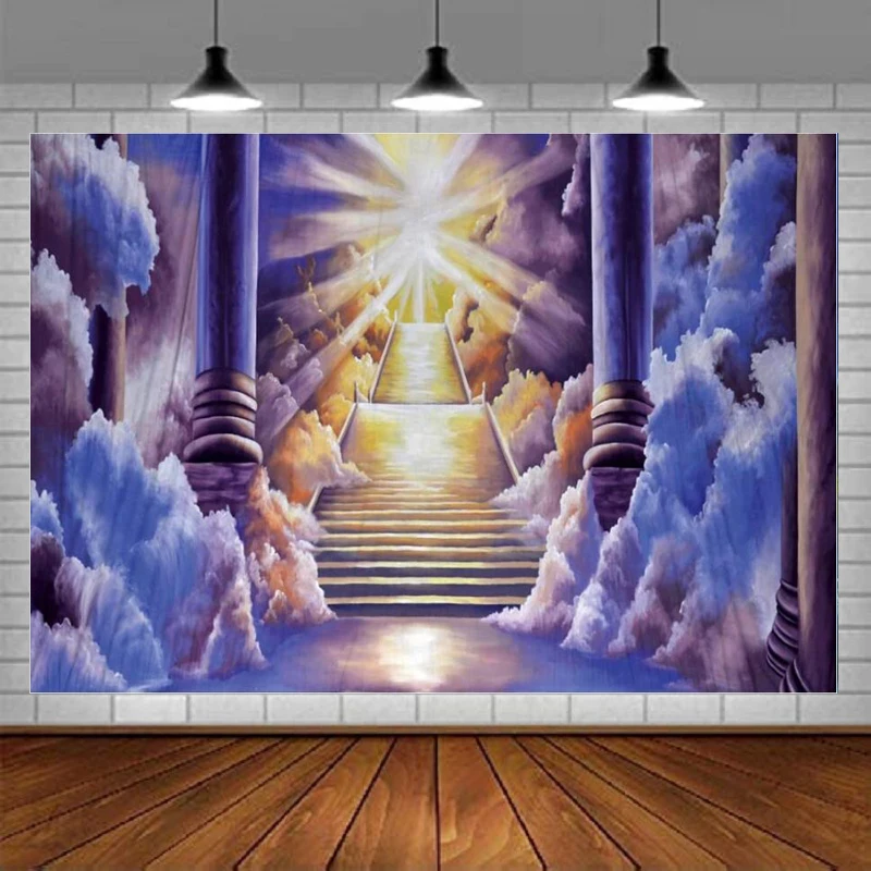 Photography Backdrop Heaven Gate Stairawy Holy Light Clouds Stair to Paradise Background Funeral Sent Gate To Church Event