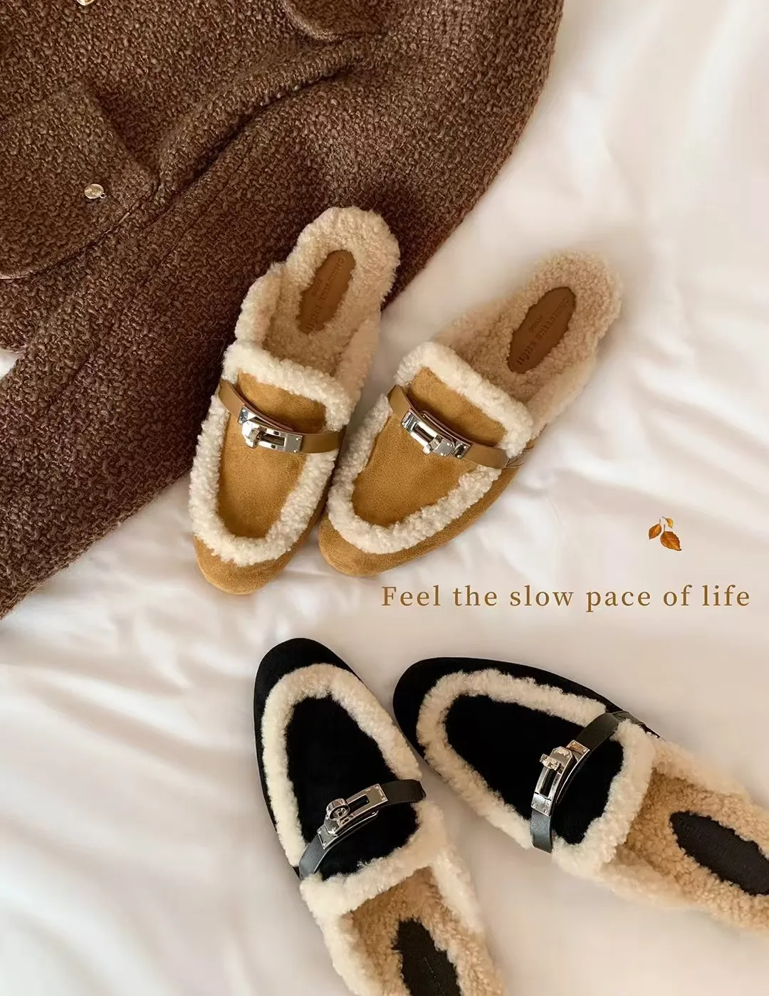 

Winter New Leather Bag Head Half Slippers Trend Top Cashmere Warm Outside Wear Flat Buckle Lamb Hair Slippers Women