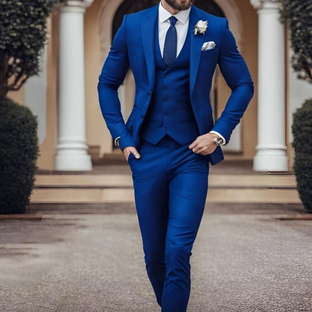 Elegant Blue Suits for Men Single Breasted Notch Lapel Male Clothing Luxury Wedding Groom 3 Piece Jacket Pants Vest Full Sets