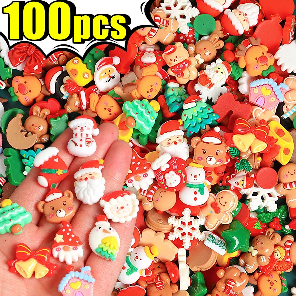 Cute Christmas Resin Ornament Small Xmas Santa Tree Mixed Style Decoration for DIY Phone Case Hair Clip Hand Crafts Accessories