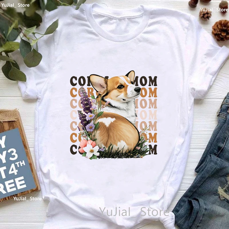 

Corgi Flowers Graphic Print Tshirt Girls German Shorthaired/Pug/Yorkie Dog T Shirt Women Harajuku Kawaii Clothes