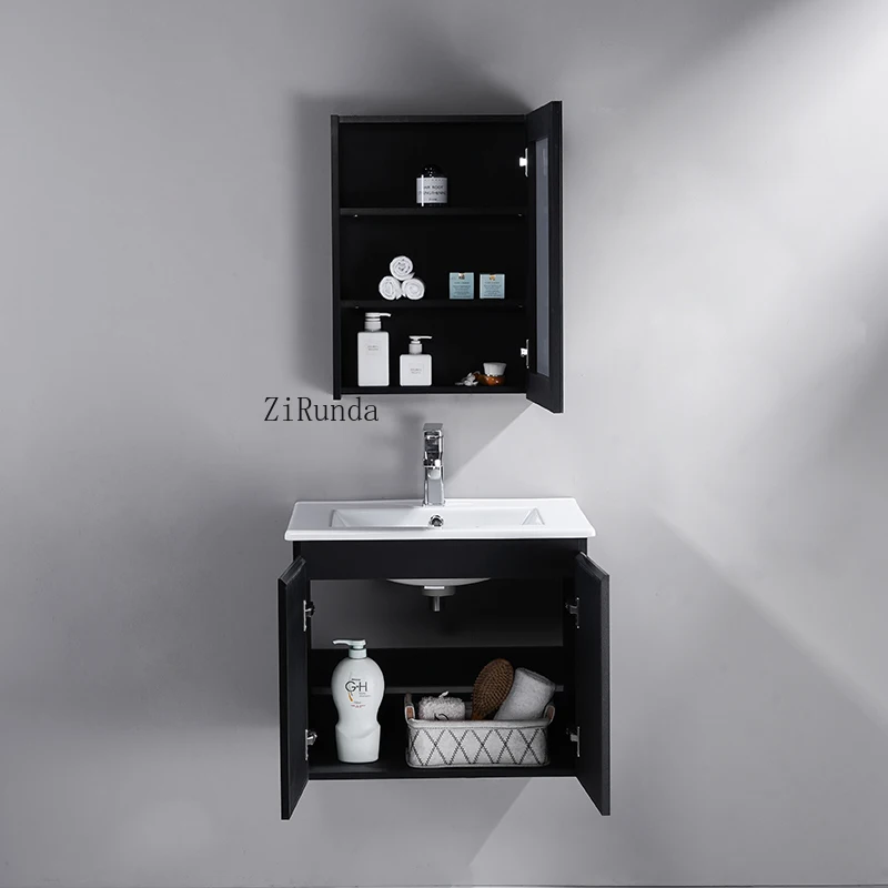 Mobile piccolo moderno, mobile da bagno a parete in compensato nero con lavabo e specchio