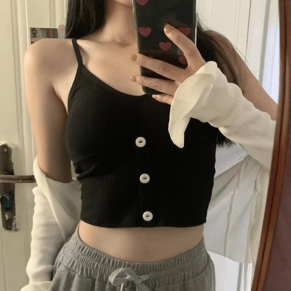 Basic Sweet Slim Crop Top Spicy Girls Style Bottoming Shirt Women's Short Vest Button V-neck Sleeveless Top Spring and Summer