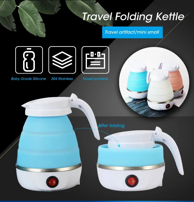 Travel Household Folding KettlePortable Kettle Compression Foldable Leakproof 600ml Mini Silicone Compression Electric Kettle