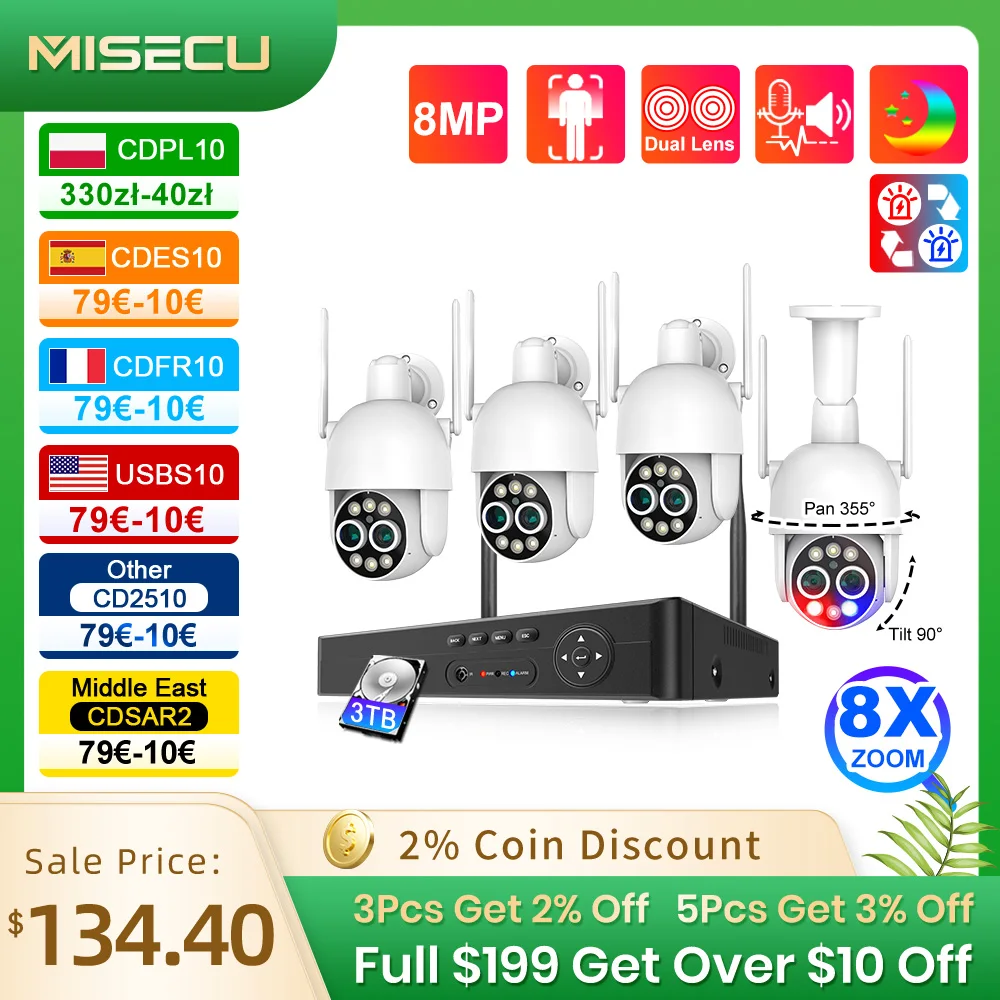 MISECU 8CH UHD 4K PTZ ระบบรักษาความปลอดภัยไร้สาย 8MP Dual เลนส์กล้อง WIFI 8X ซูมกล้องวงจรปิดบันทึกการเฝ้าระวังชุด ONVIF