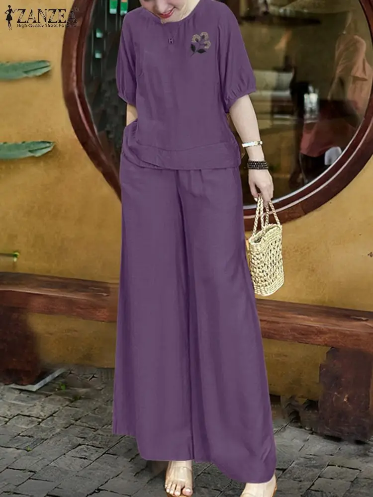 2024 ZANZEA Summer Suit Women Floral Embroidery Blouses Pant Sets Vintage OL Work Wide Leg Trousers Suits Fashion 2pcs Tracksuit